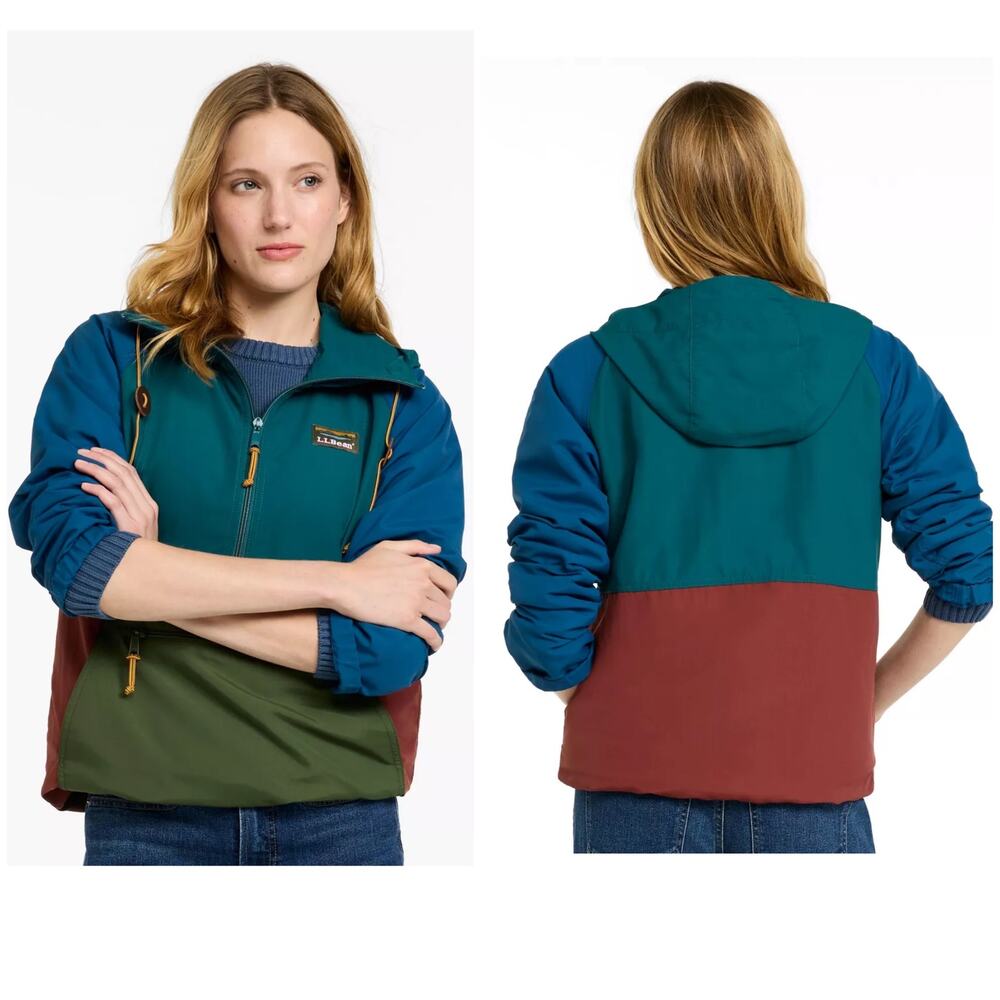 LL Bean Mountain Classic Colorblock Pullover Hooded Anorak Womens LP L Petite